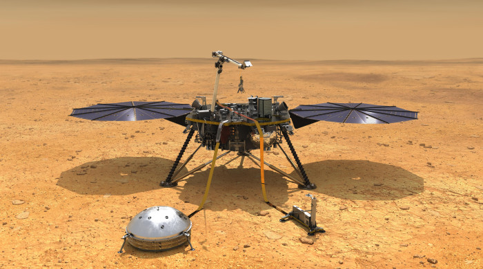 Diese Illustration zeigt die NASA-Raumsonde Insight mit ihren auf der Marsoberfl&auml;che eingesetzten Instrumenten. (Bild: NASA/JPL-Caltech)